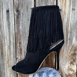 New Sam Edelman Arizona Fringe Peep Toe Bootie Suede Leather Black 8.5